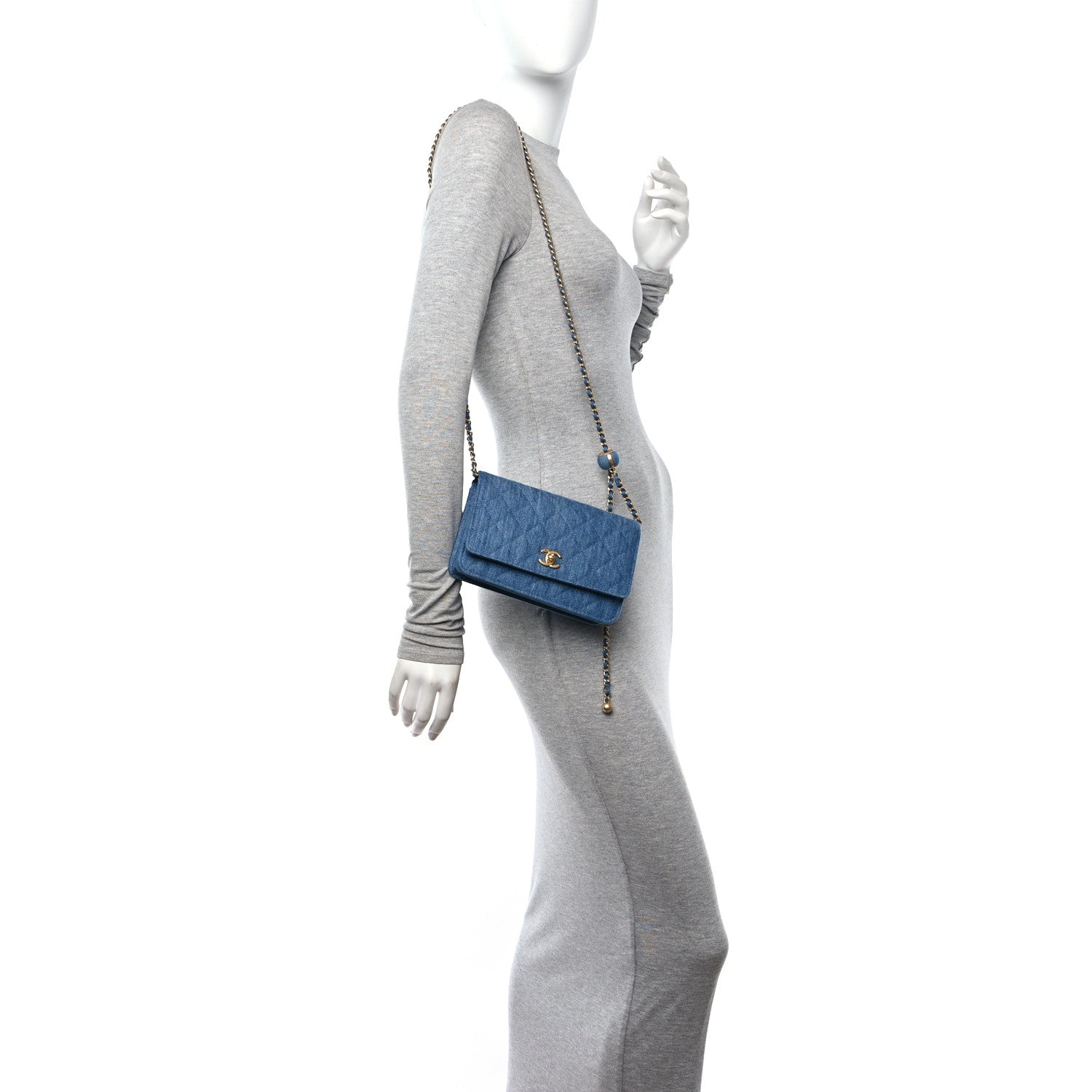 Chanel Denim Quilted CC Pearl Crush Wallet on Chain WOC Blue 2 of 11