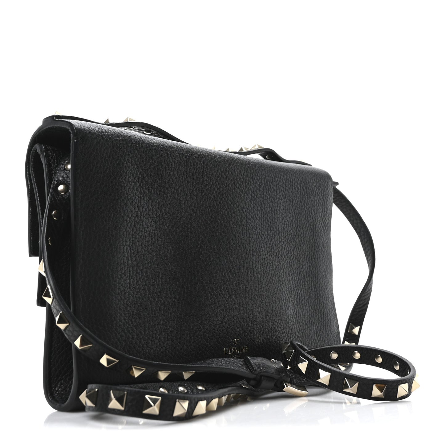 Grainy Calfskin Rockstud Double Flap Crossbody Bag Black