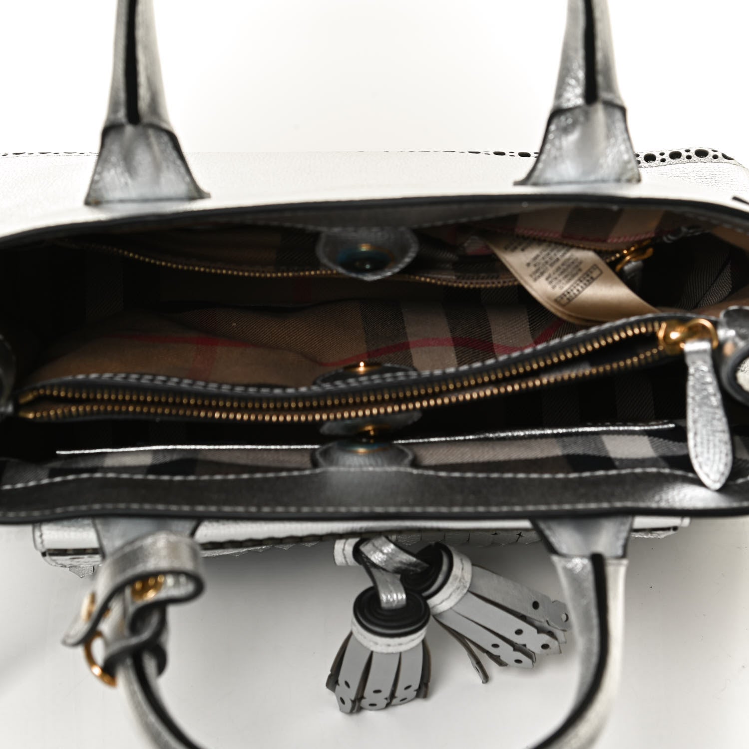 Burberry Metallic Calfskin Broguing Medium Banner Tote Silver 6 of 10