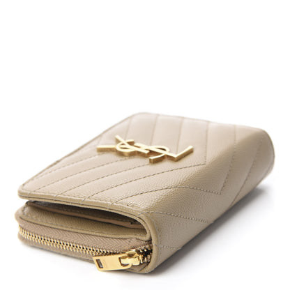Saint Laurent Grain De Poudre Matelasse Chevron Monogram Compact Zip Around Wallet Dark Latte 4 of 10
