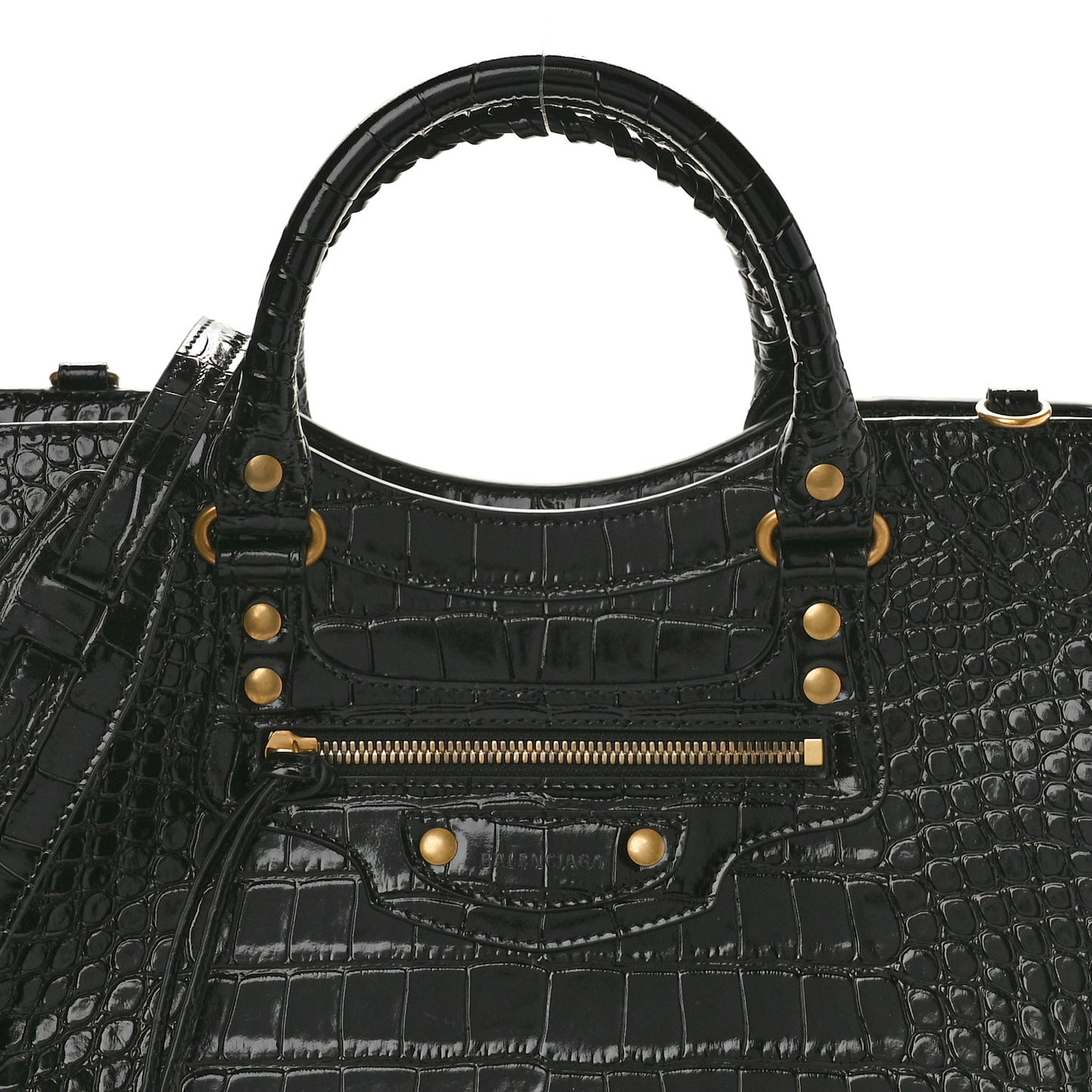 Shiny Supple Calfskin Crocodile Embossed Brass Hardware Neo Classic City Black