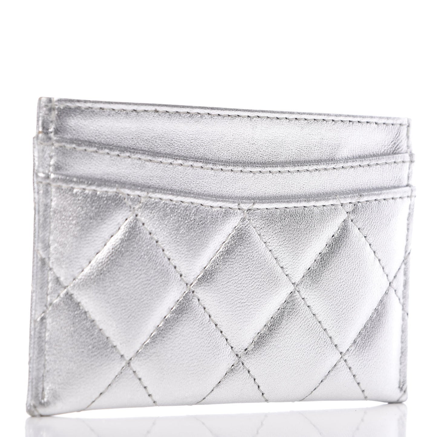 Metallic Lambskin Quilted CC Card Holder Silver