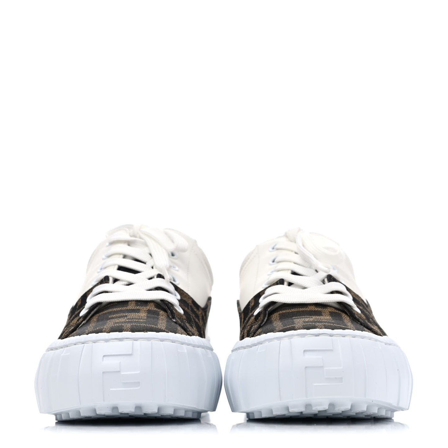 Fabric Jacquard Vitello Technical Fabric FF Womens Fendi Force Low Top Sneakers 38 Tobacco Black Ultrawhite White