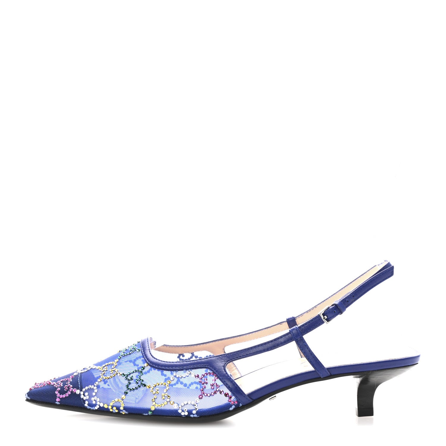 Gucci Tela Retino Nappa Charlotte Crystal GG Monogram Square G 35mm Slingback Pumps 38.5 Splash Net Blue Witch 1 of 9