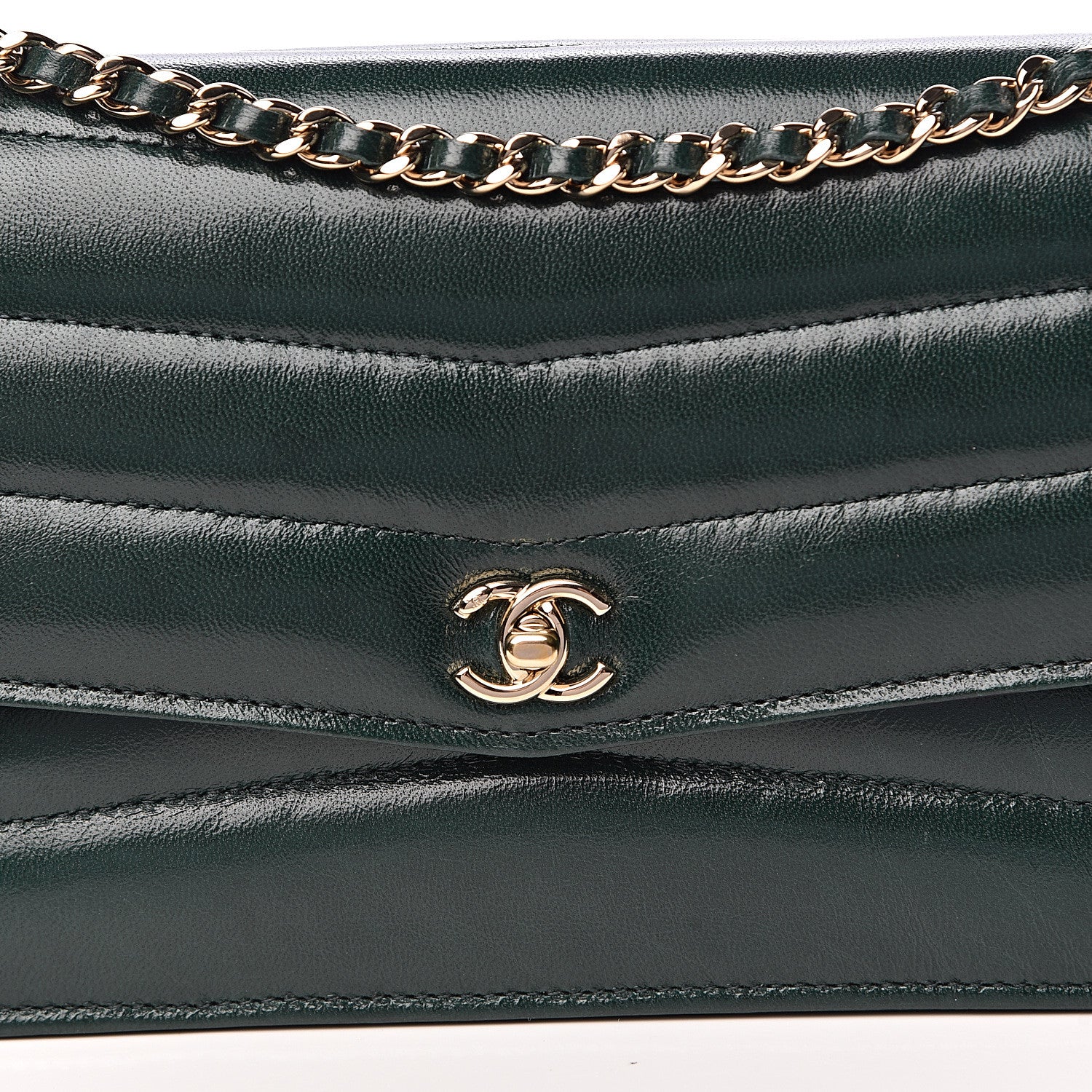 Chanel Lambskin Chevron Quilted Wallet On Chain WOC Dark Green 11 of 12