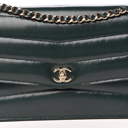 Chanel Lambskin Chevron Quilted Wallet On Chain WOC Dark Green 11 of 12