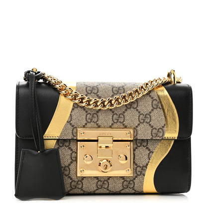 Gucci Calfskin GG Supreme Monogram Small Padlock Shoulder Bag Black Gold 1 of 8