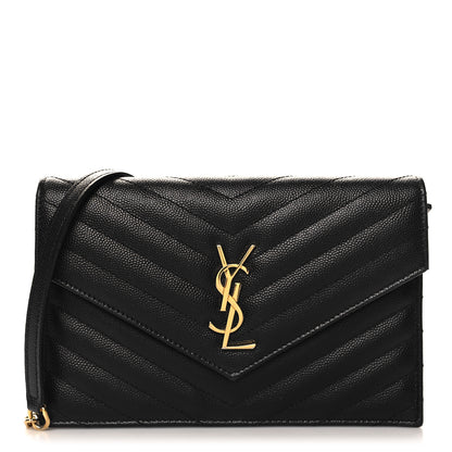 Saint Laurent Grain De Poudre Matelasse Chevron Monogram Envelope Chain Wallet Black 1 of 9
