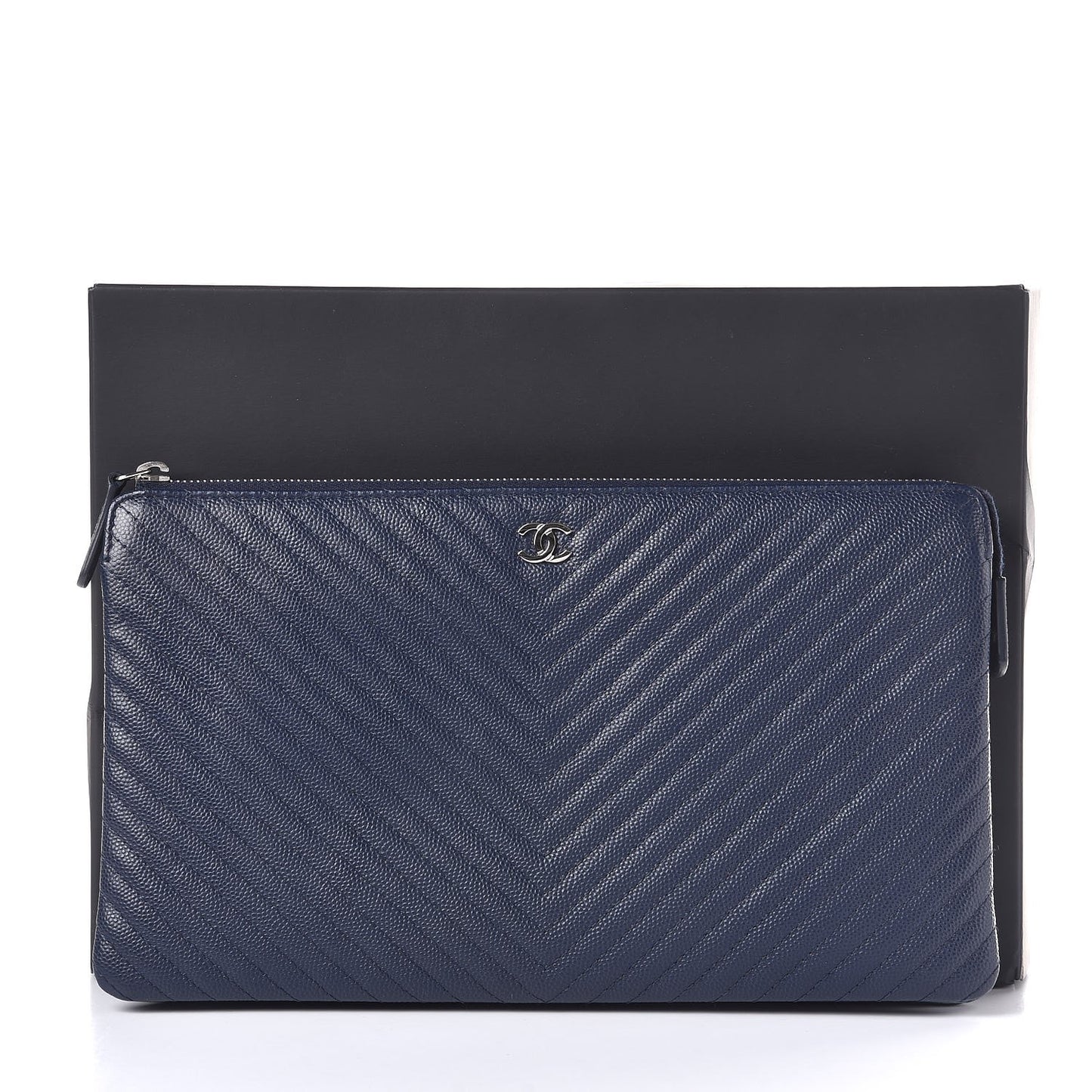 Caviar Chevron Quilted Large Zipped Clutch Navy