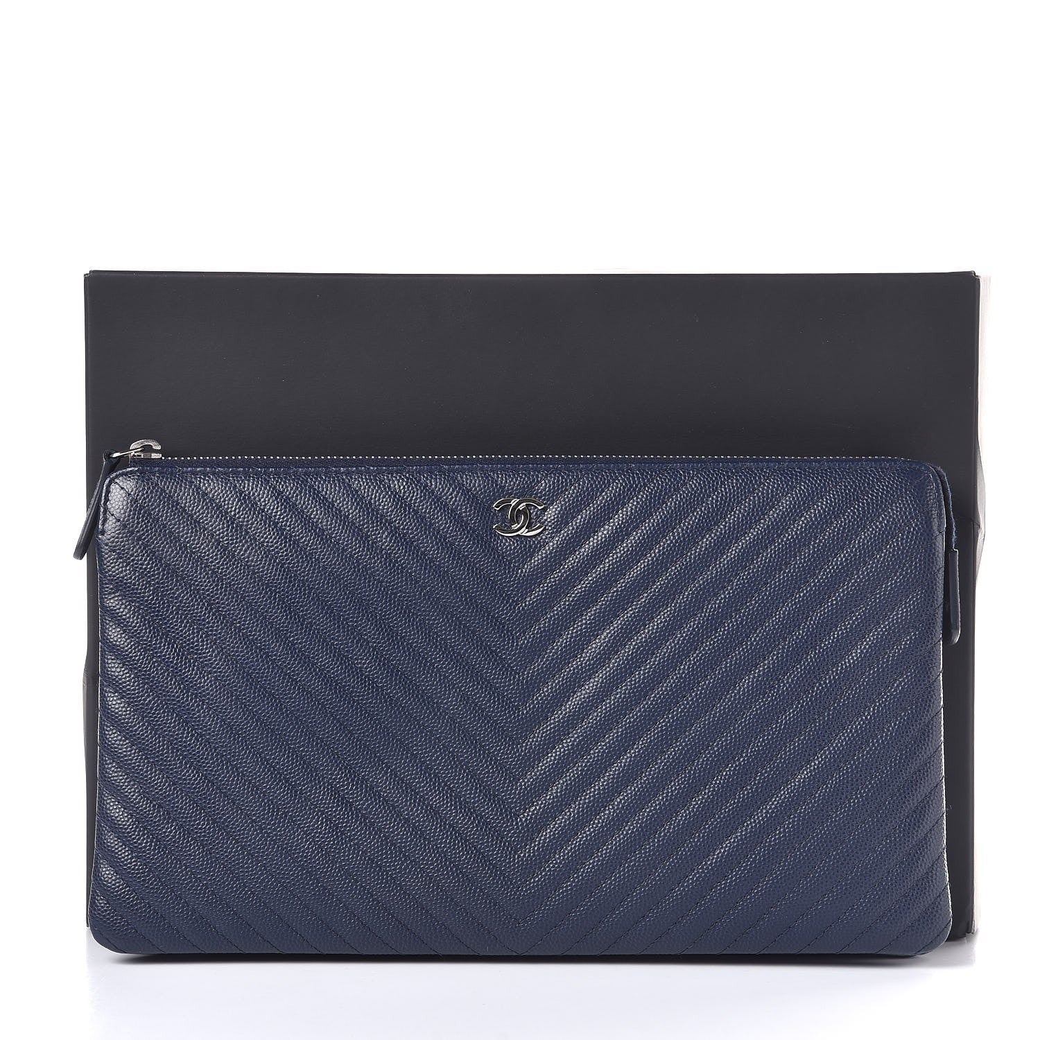 Chanel Caviar Chevron Quilted Large Zipped Clutch Navy 9 of 9