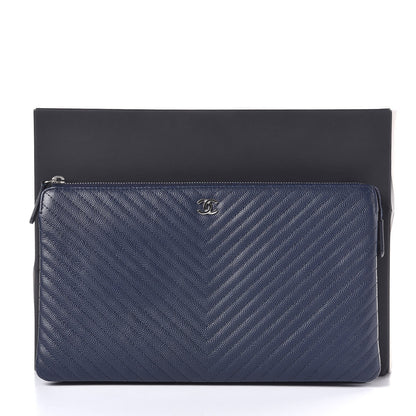 Chanel Caviar Chevron Quilted Large Zipped Clutch Navy 9 of 9