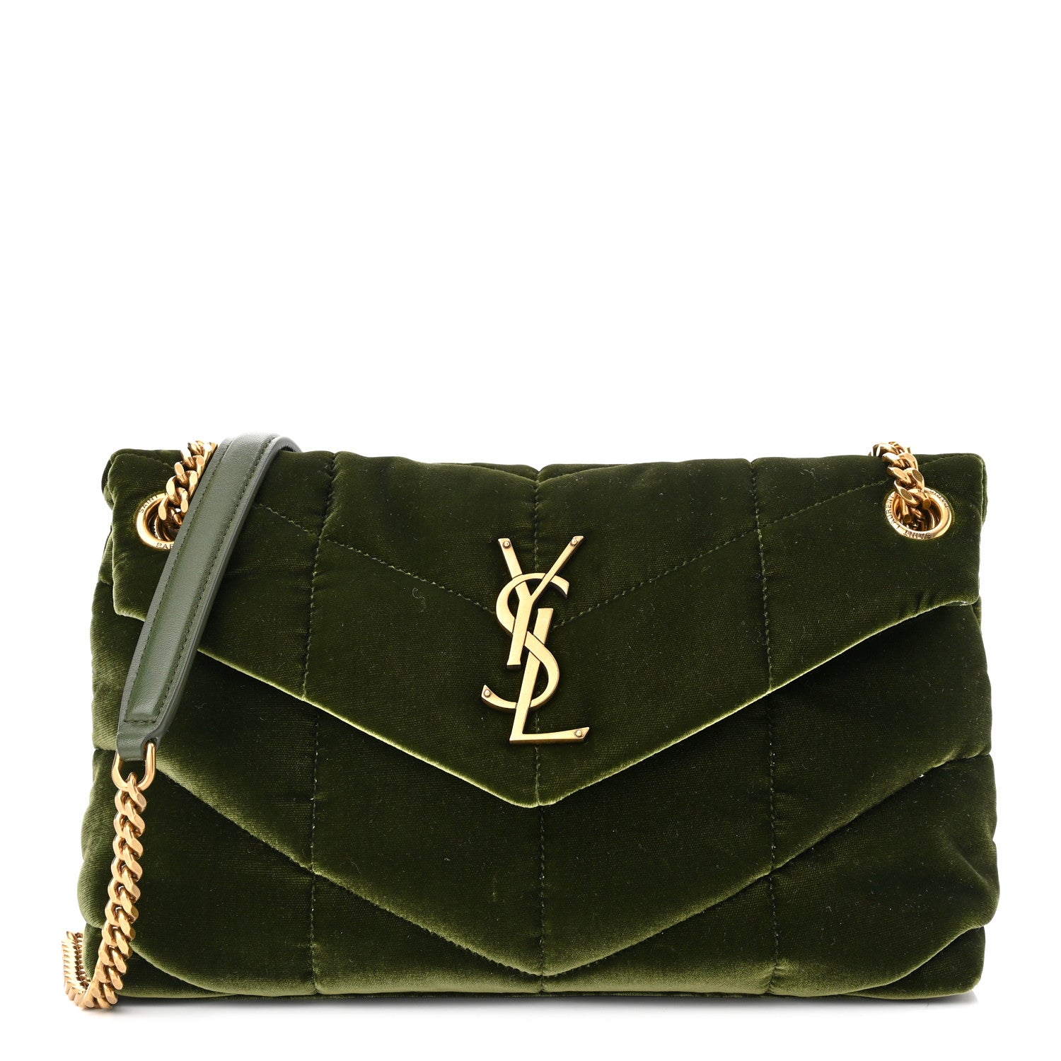 Saint Laurent Velvet Quilted Small Loulou Puffer Monogram Chain Satchel Kaki Musk 1 of 10