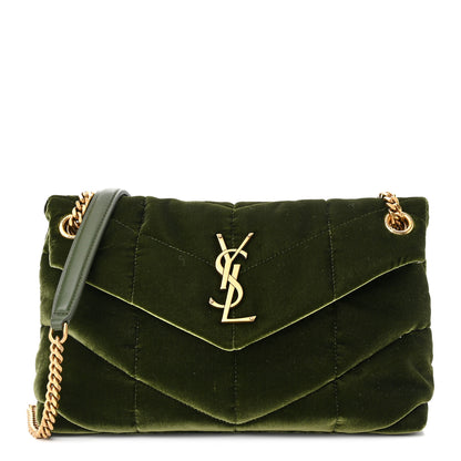 Saint Laurent Velvet Quilted Small Loulou Puffer Monogram Chain Satchel Kaki Musk 1 of 10