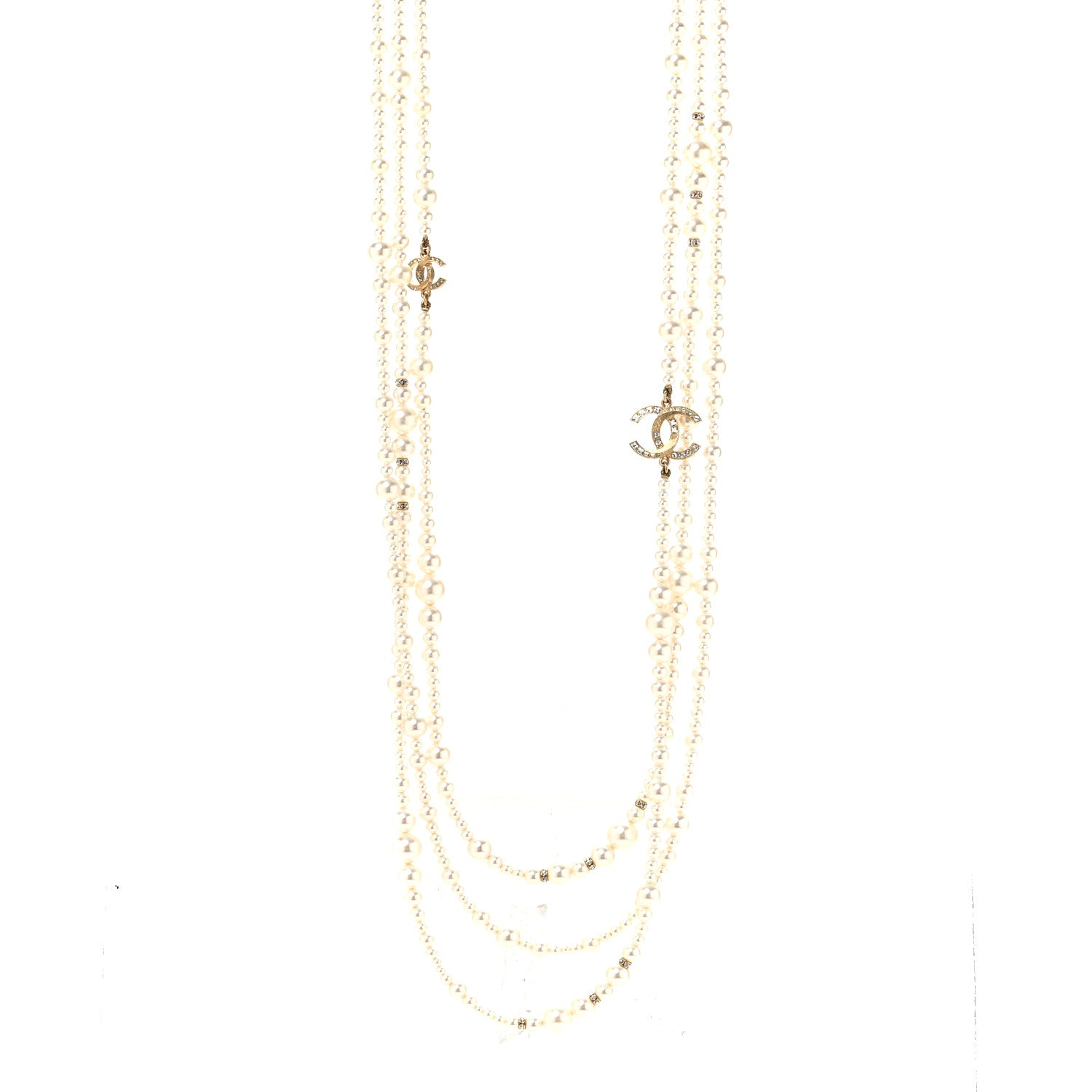 Chanel Metal Pearl Crystal Graduated CC Multi Strand Necklace Gold 1 of 5