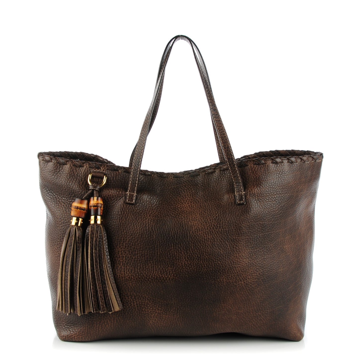 Pebbled Calfskin Bamboo Tassel Tote Brown