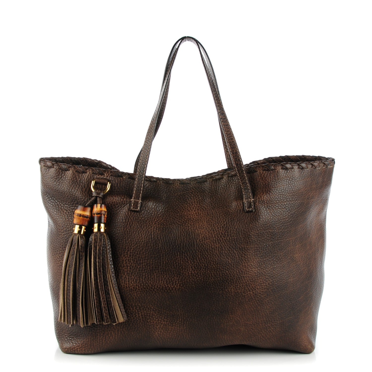 Gucci Pebbled Calfskin Bamboo Tassel Tote Brown 1 of 7