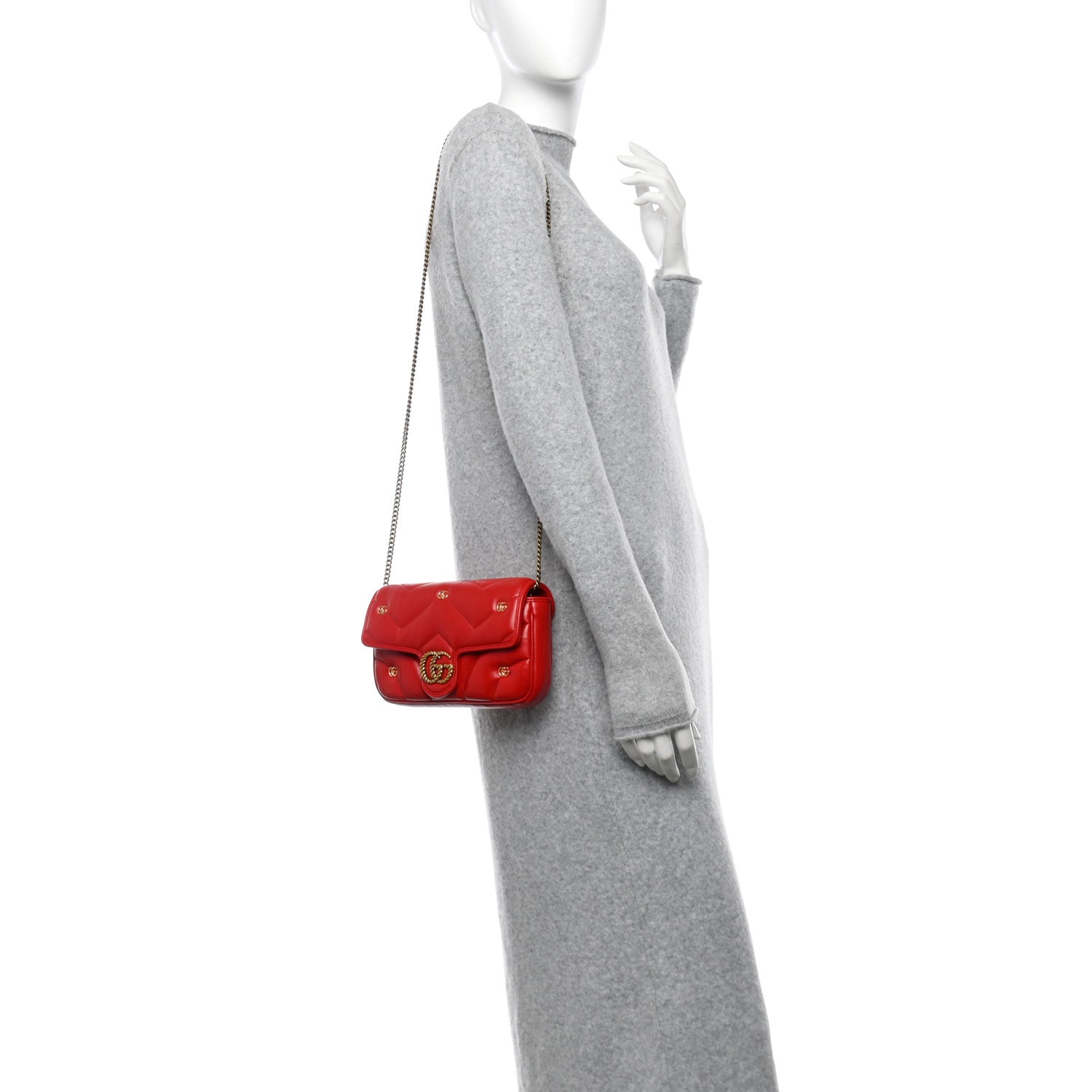 Gucci Calfskin Matelasse Double G Studs Mini Torchon GG Marmont Shoulder Bag Hibiscus Red 2 of 12