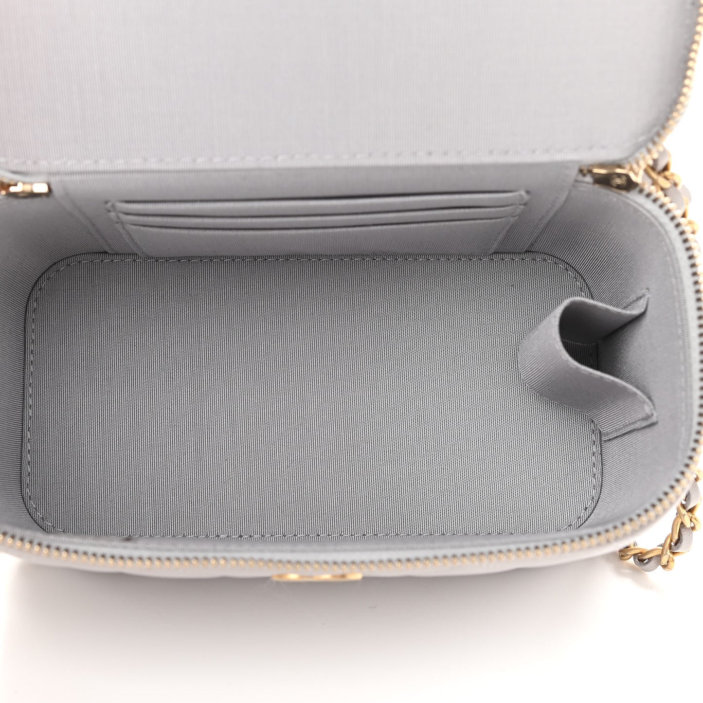 Lambskin Quilted Small Top Handle Vanity Case With Chain Light Grey