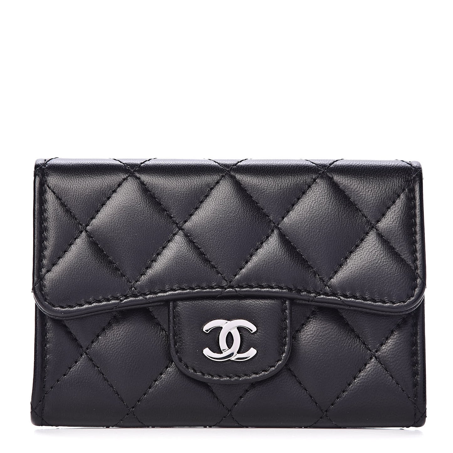 Lambskin Quilted Flap Card Holder Black