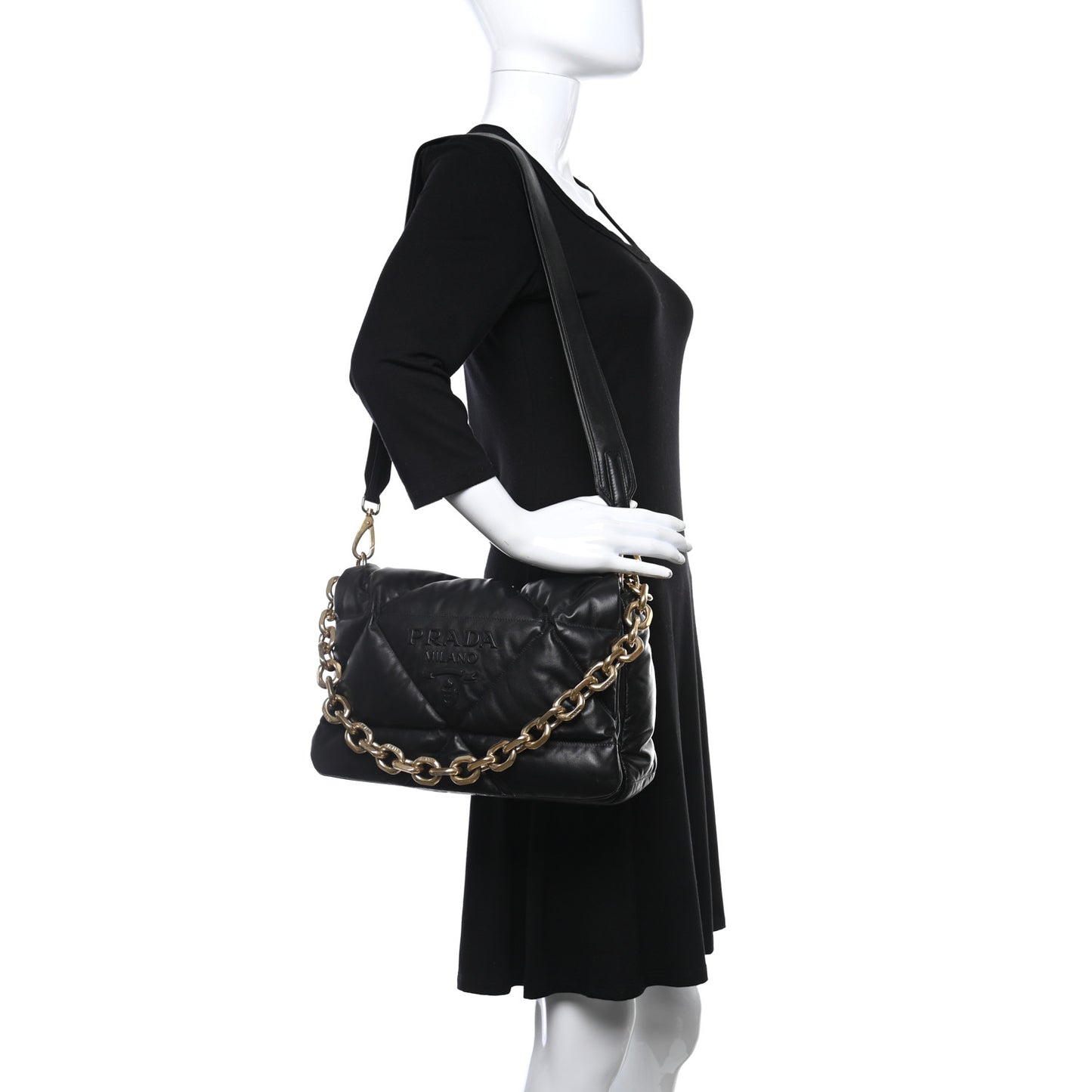 Nappa Soft Padded Logo Embossed Triangle Quilted Shoulder Bag Black