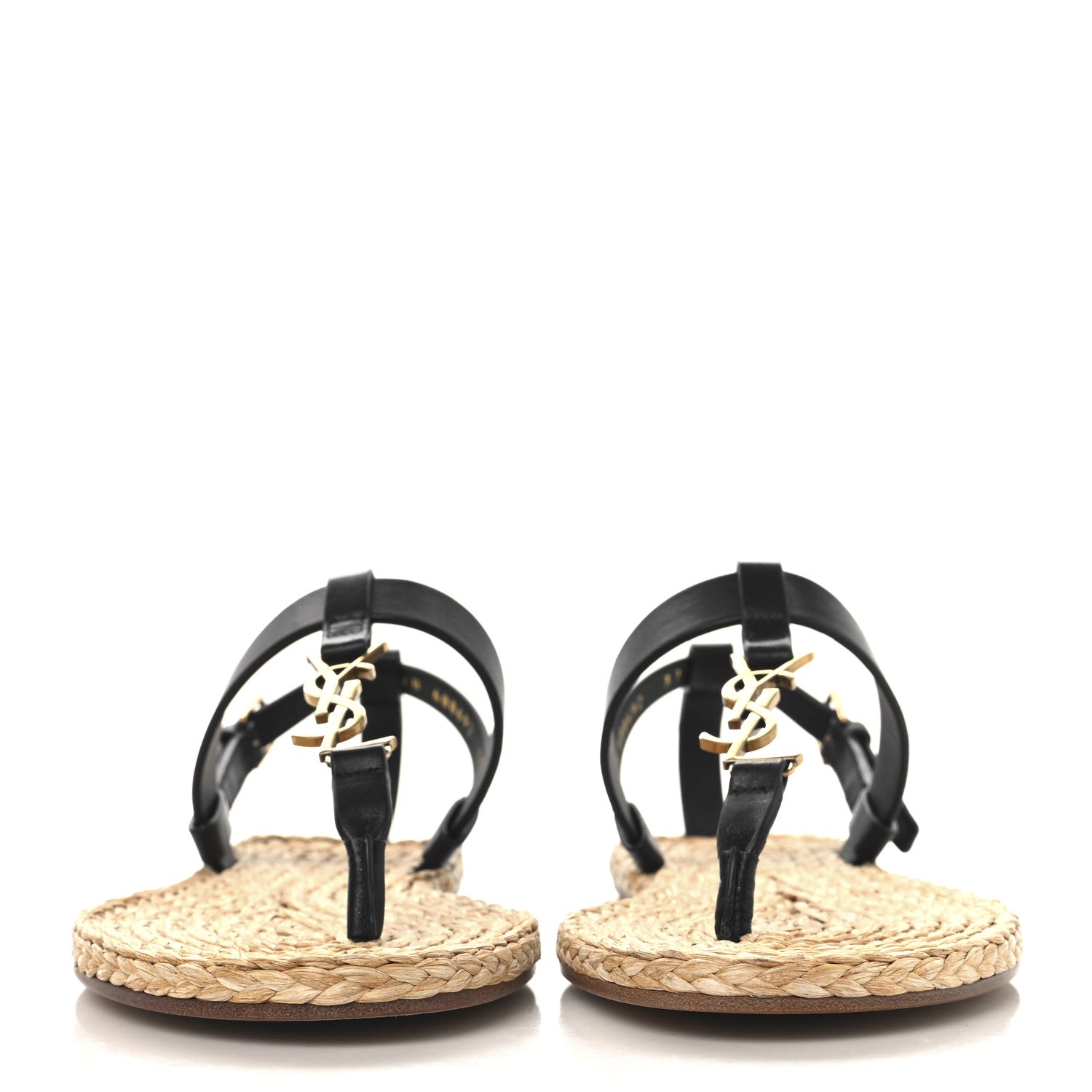 Saint Laurent Calfskin Raffia Cassandra Monogram Sandals 37.5 Black 3 of 8