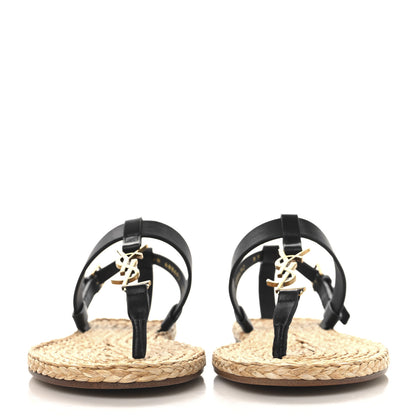 Saint Laurent Calfskin Raffia Cassandra Monogram Sandals 37.5 Black 3 of 8