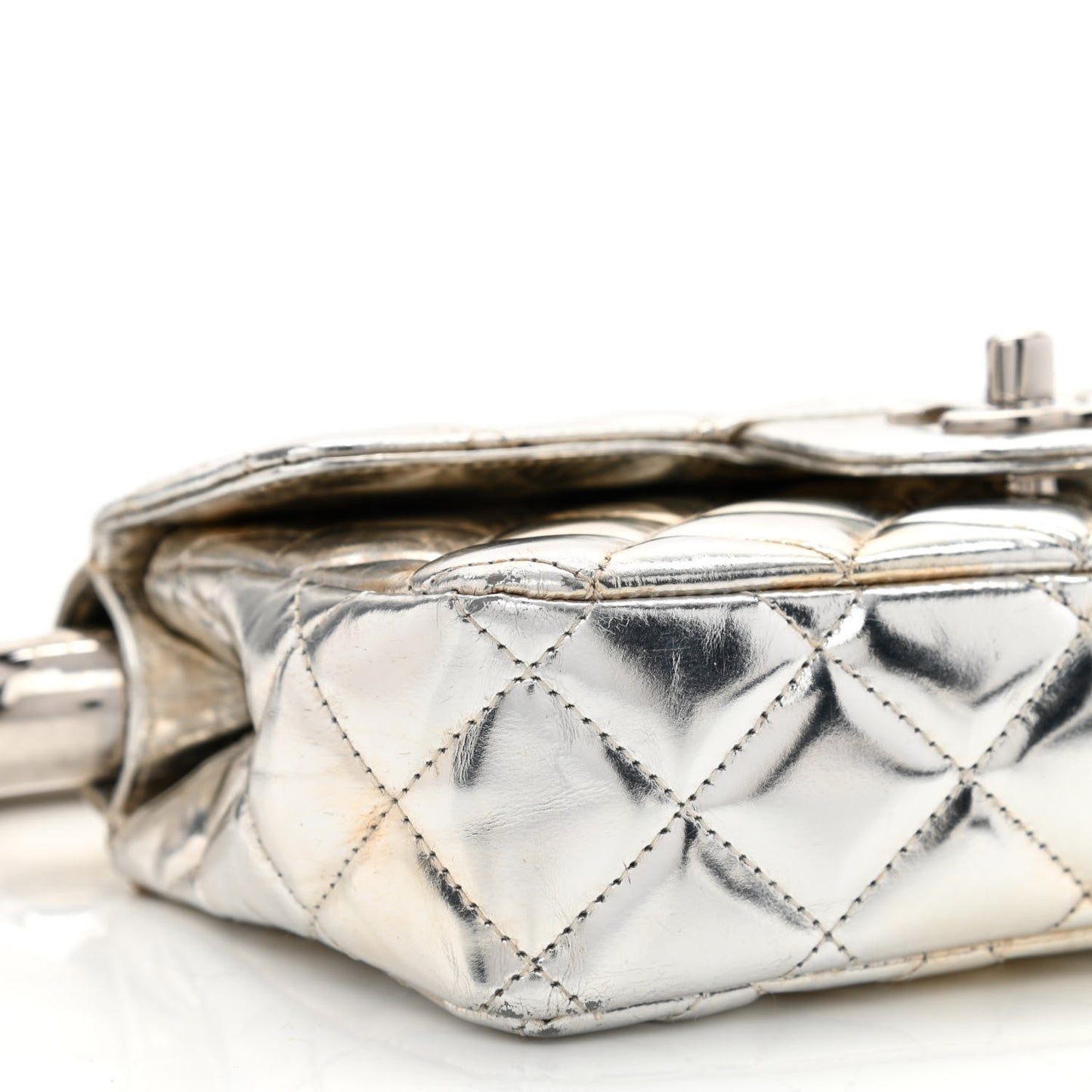 Metallic Lambskin Quilted Mini Around the World Flap Silver