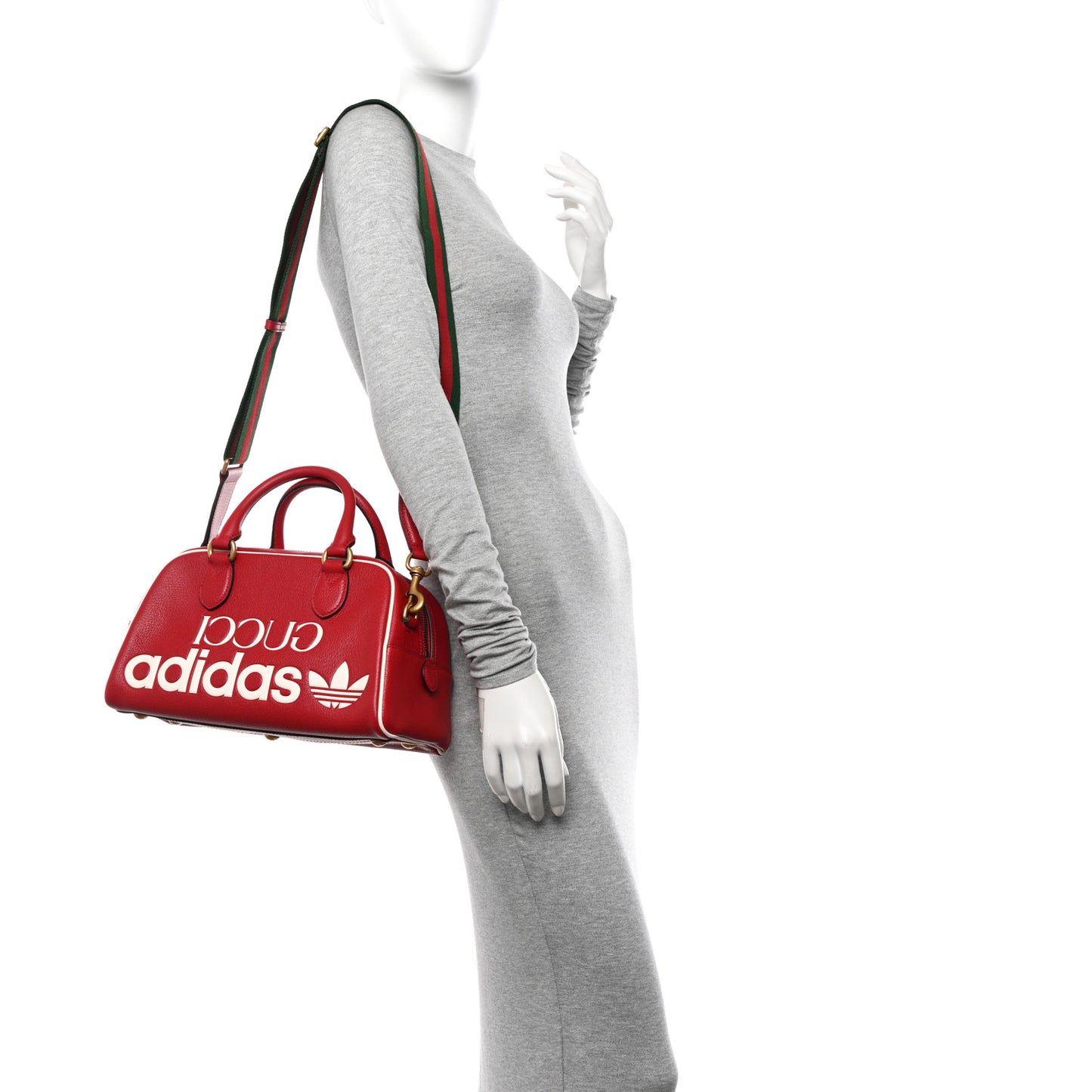 X ADIDAS Textured Dollar Calfskin Web Trefoil Logo Embossed Mini Bowling Bag Red Off White