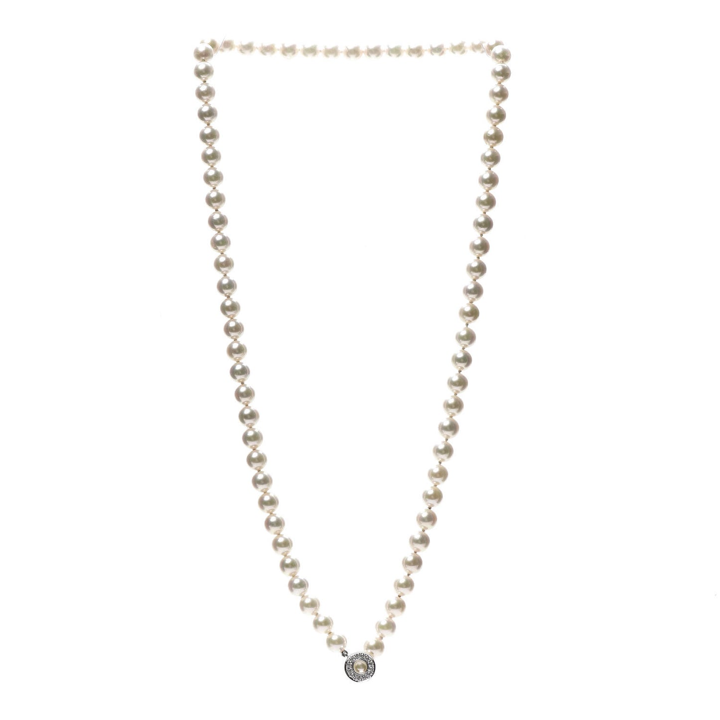 18K White Gold Diamond Akoya Pearl 7-7.5mm Lariat Strand Necklace