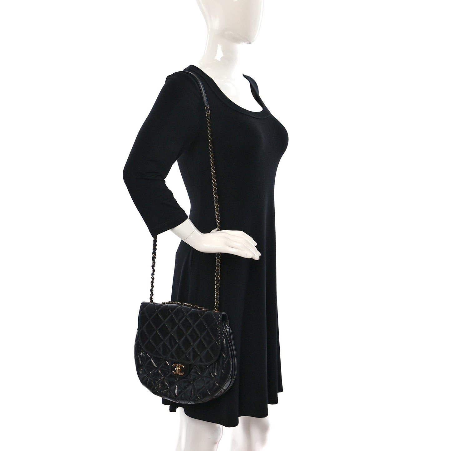 Glazed Calfskin Quilted Medium Bubble CC Flap Black