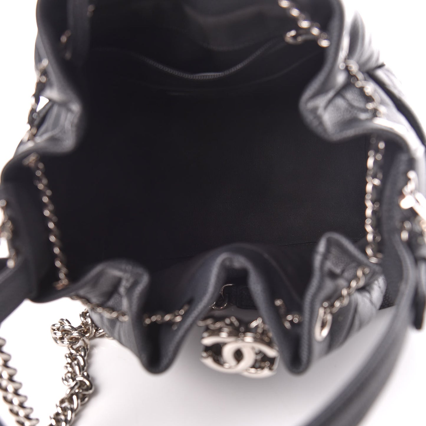 Caviar Flat Quilted CC Chain Bucket Drawstring Bag Black