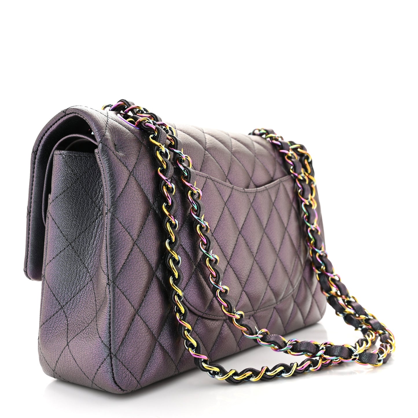 Iridescent Goatskin Quilted Medium Double Flap Purple