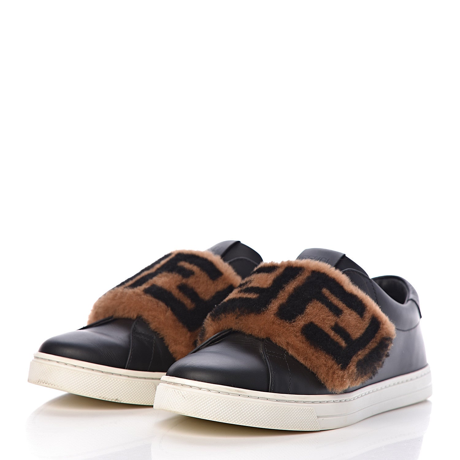 Fendi Vitello Shearling FF Velcro Slip On Sneakers 38 Black 3 of 12