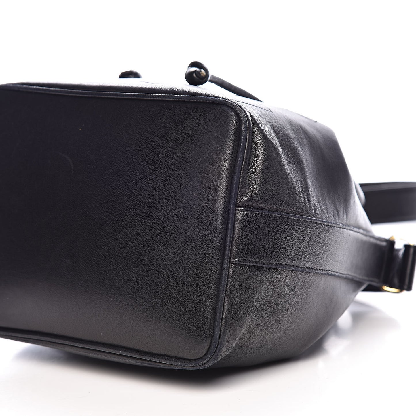 Lambskin CC Stitched Drawstring Bucket Bag Black