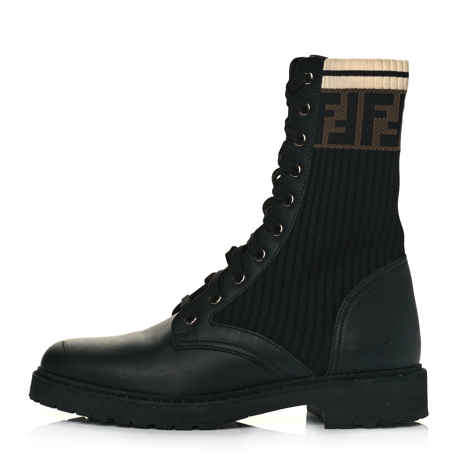 Fendi Calfskin Stretch Fabric Rockoko Biker Boots 39 Tobacco Black Marino 1 of 9