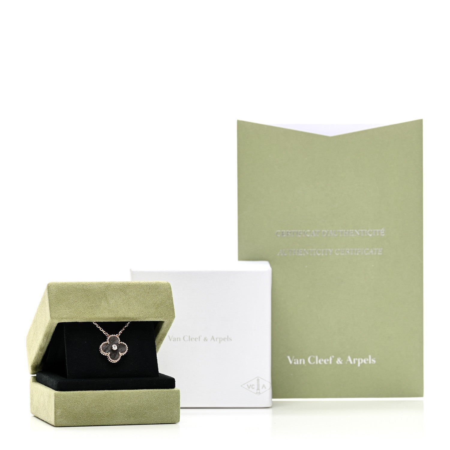 Van Cleef & Arpels 18K Rose Gold Diamond Silver Obsidian Vintage Alhambra Pendant Necklace 6 of 6