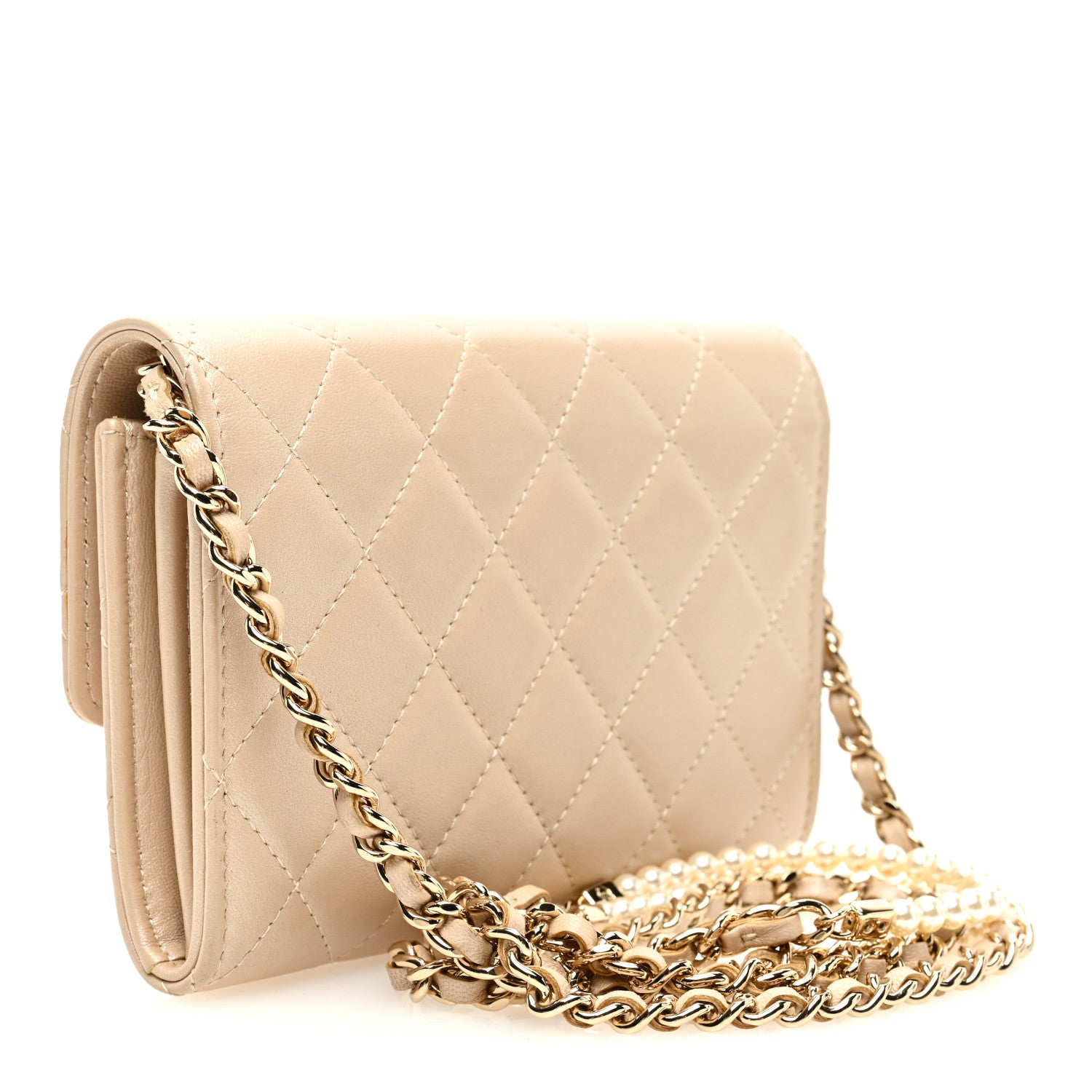 Chanel Lambskin Quilted Pearl My Shoulder Mini French Wallet On Chain WOC Light Beige 2 of 10