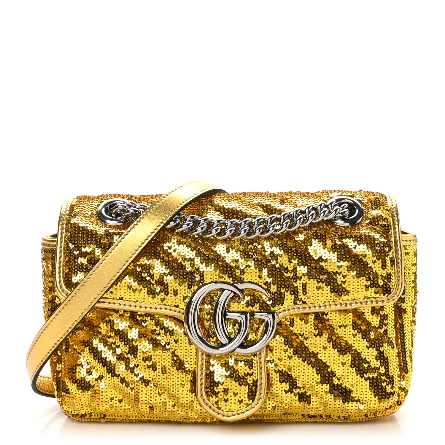 Gucci Sequin Matelasse Diagonal Mini GG Marmont Shoulder Bag Gold 1 of 10
