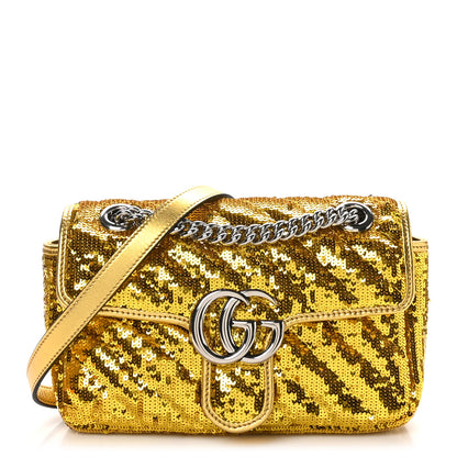 Gucci Sequin Matelasse Diagonal Mini GG Marmont Shoulder Bag Gold 1 of 10
