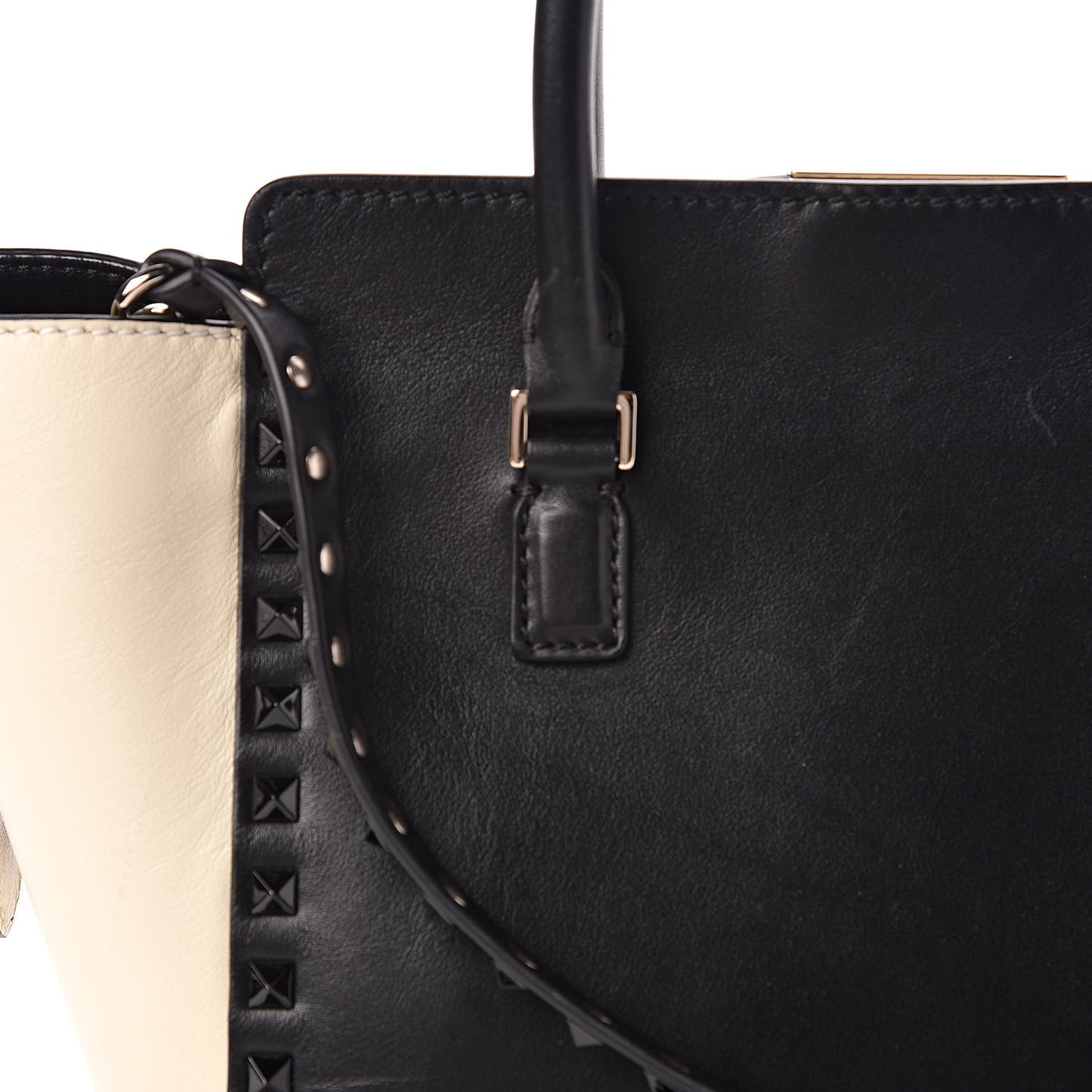Vitello Bi-Color Small Rockstud Double Handle Tote Ivory Black