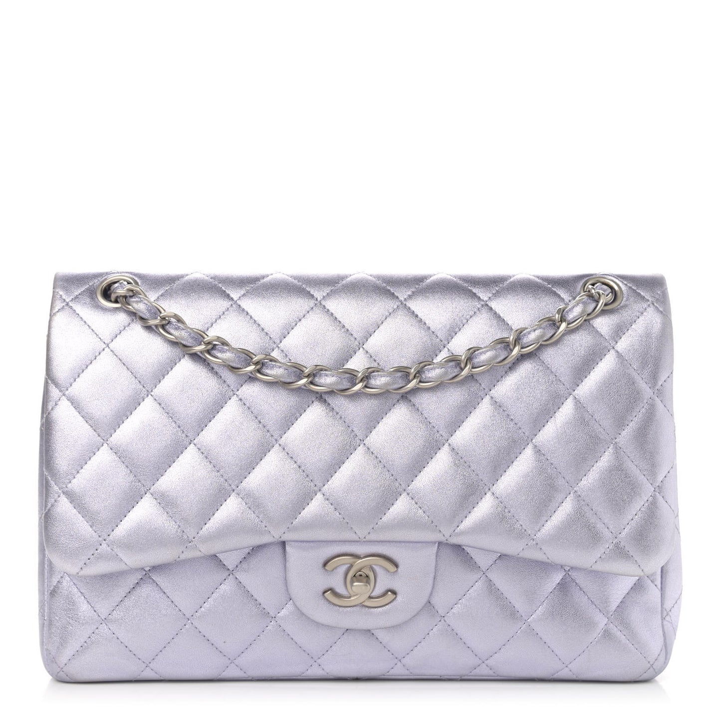 Metallic Lambskin Quilted Jumbo Double Flap Light Purple
