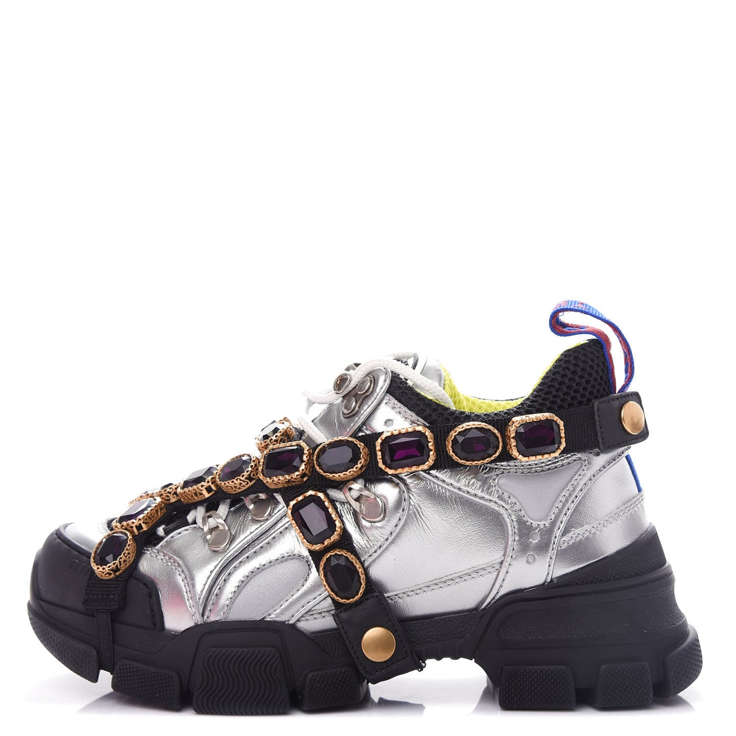 X SEGA Metallic Calfskin Mesh Removable Crystals Womens Flashtrek Sneakers 35.5 Silver Black
