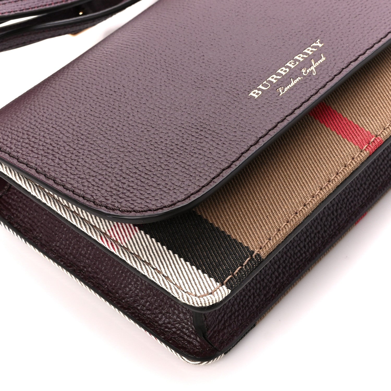 Burberry Grained Calfskin House Check Tartan Mix Hampshire Wallet On Chain Burgundy 8 of 9