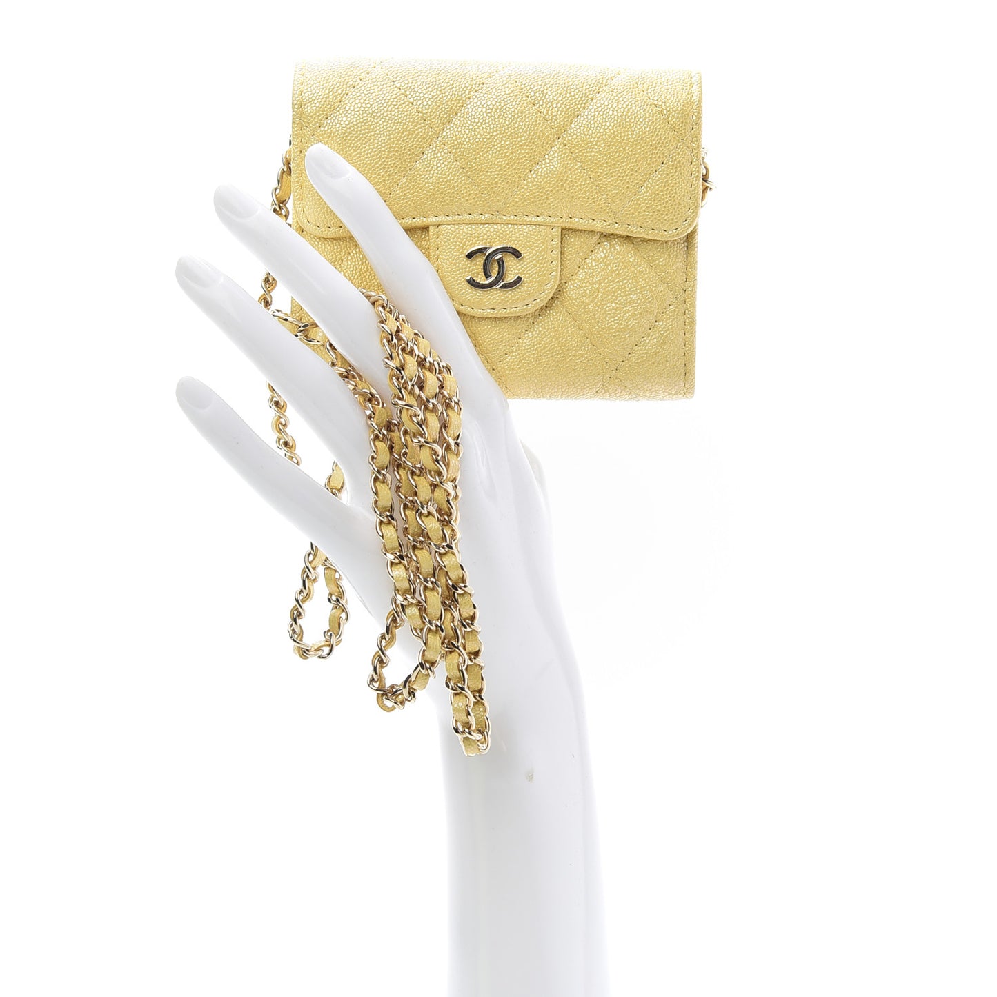 Iridescent Caviar Quilted Flap Card Holder On Chain Yellow