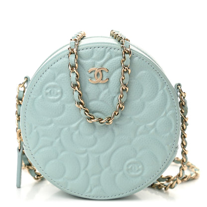 Chanel Caviar Camellia Embossed Round Clutch With Chain Light Blue 1 of 11