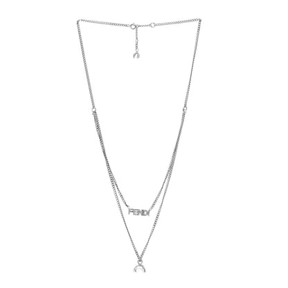 Fendi Metal Crystal Double Strand Logo Drop Necklace Silver 1 of 6
