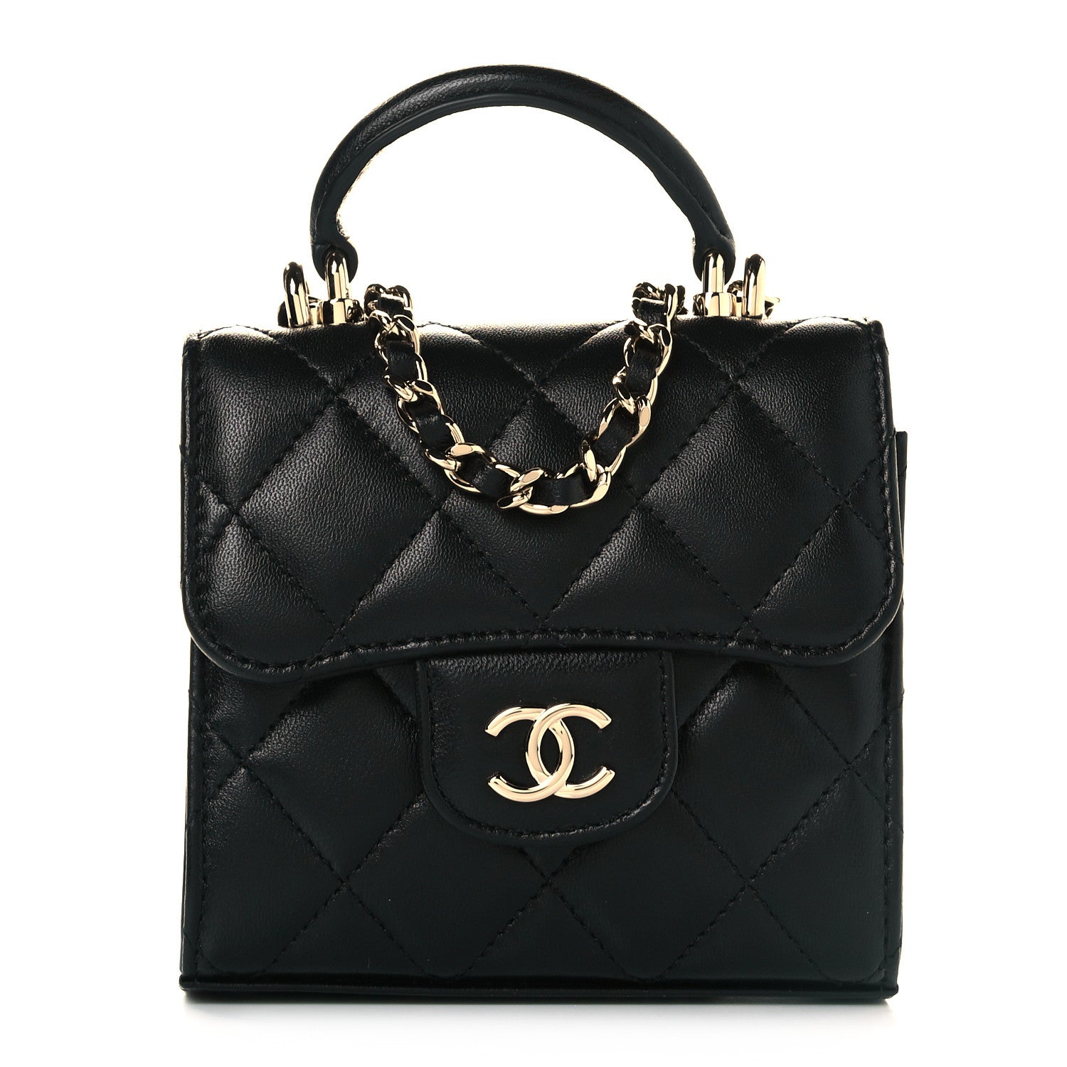 Chanel Lambskin Quilted Top Handle Flap Clutch With Chain Black 1 of 9