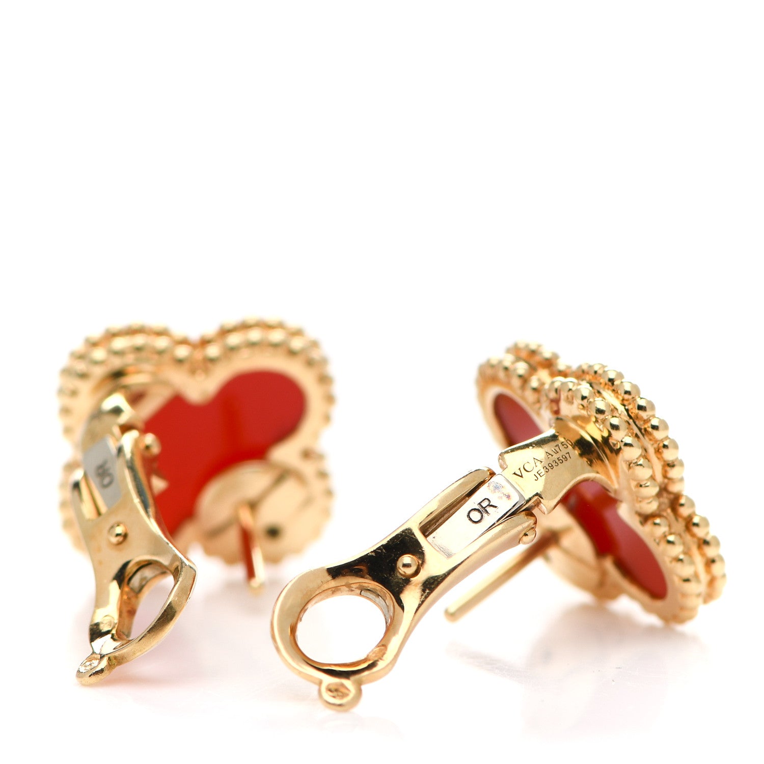 Van Cleef & Arpels 18K Yellow Gold Carnelian Vintage Alhambra Earrings 3 of 4