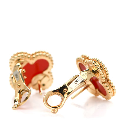 Van Cleef & Arpels 18K Yellow Gold Carnelian Vintage Alhambra Earrings 3 of 4