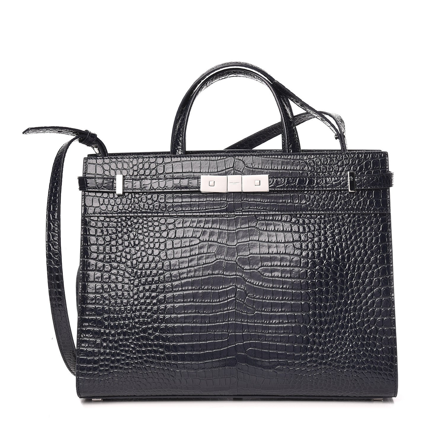 Shiny Calfskin Crocodile Embossed Small Manhattan Shopper Tote Deep Marine